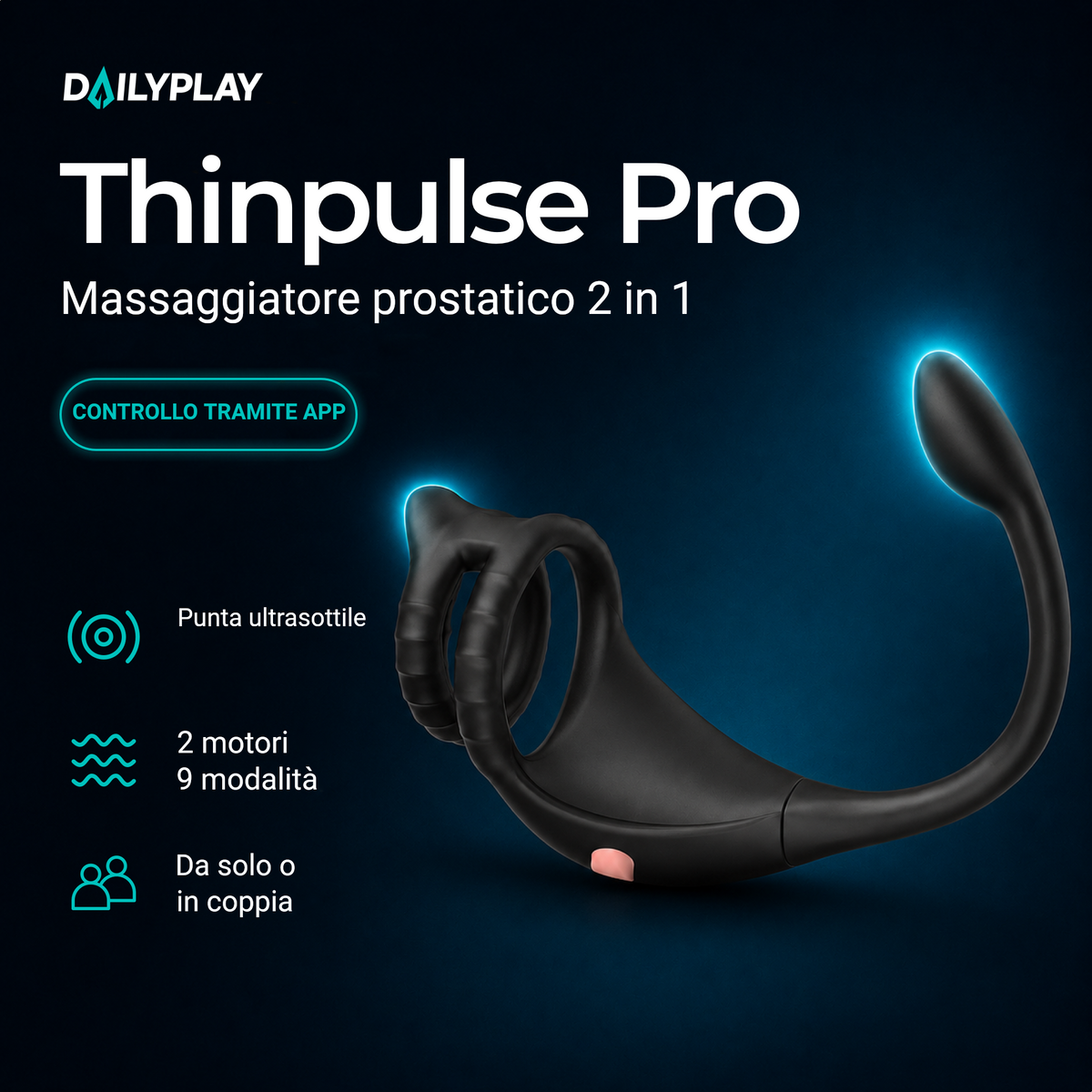 Thinpulse Pro stimolatore prostatico 2 in 1: punta ultrasottile, 2 motori, 9 modalità, controllo tramite app