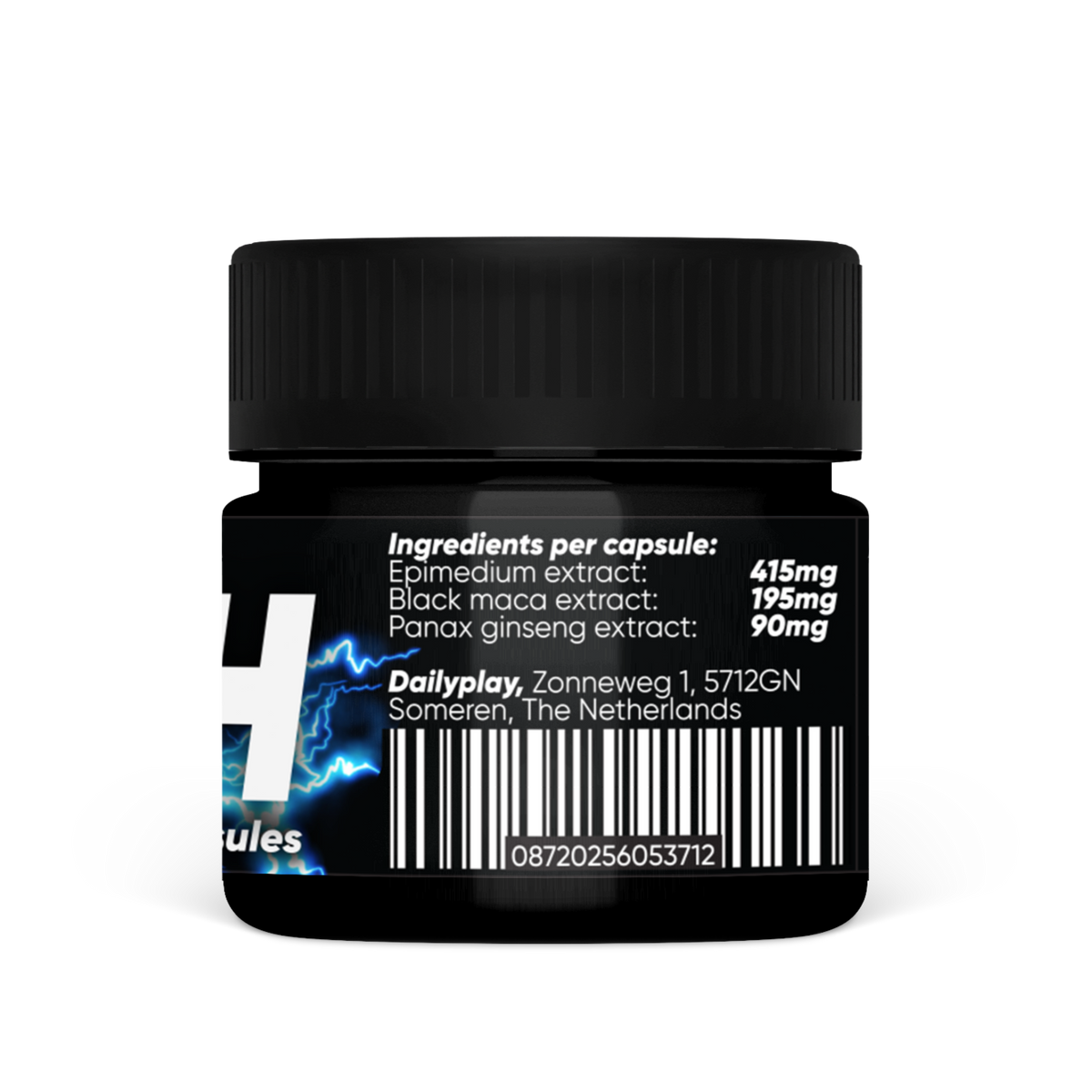 Rückseite von Dailyplay Rush: Inhaltsstoffe pro Kapsel, Epimedium, schwarze Maca und Panax Ginseng