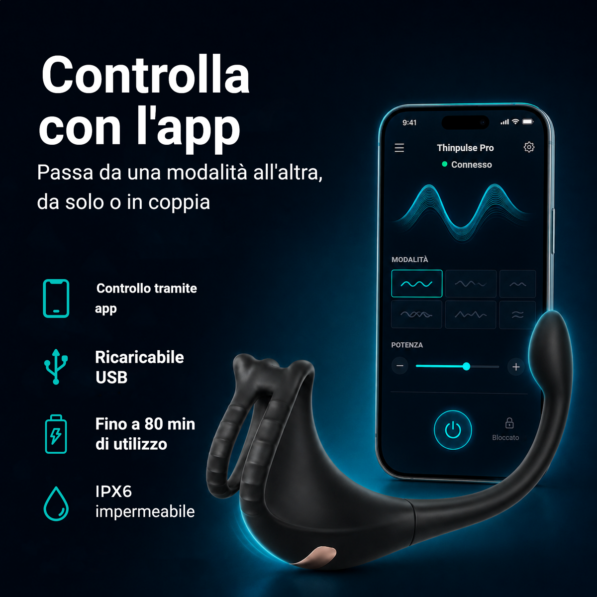 Controllare Thinpulse Pro con l'app: cambiare modalità, ricaricabile USB, 80 min, impermeabile IPX6