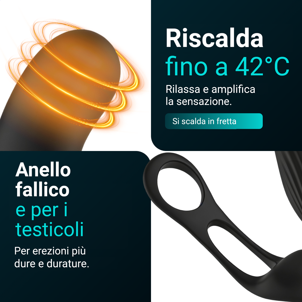 Heatstim Pro si scalda fino a 42 gradi; anello fallico e anello per i testicoli per erezioni più dure e più lunghe