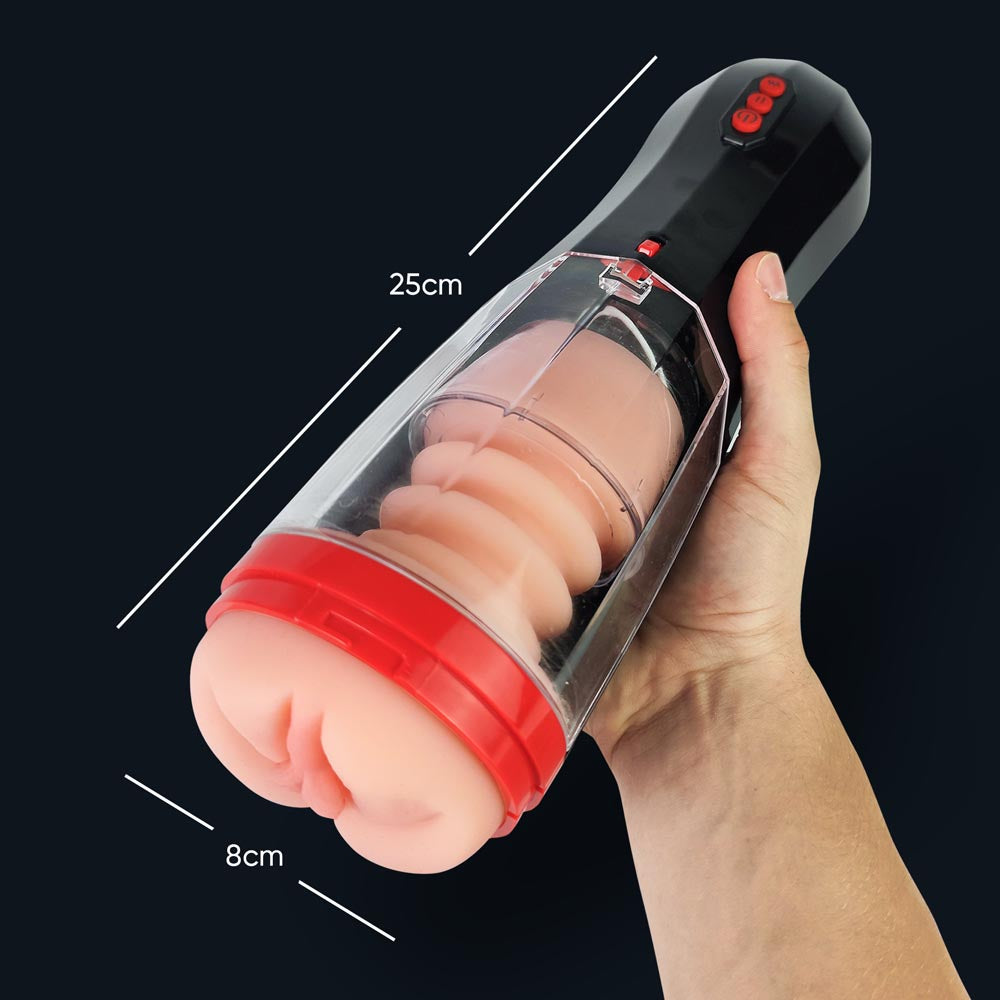 Dimensioni del masturbatore automatico Mila: 25 cm di lunghezza, 8 cm di larghezza, tenuto in mano