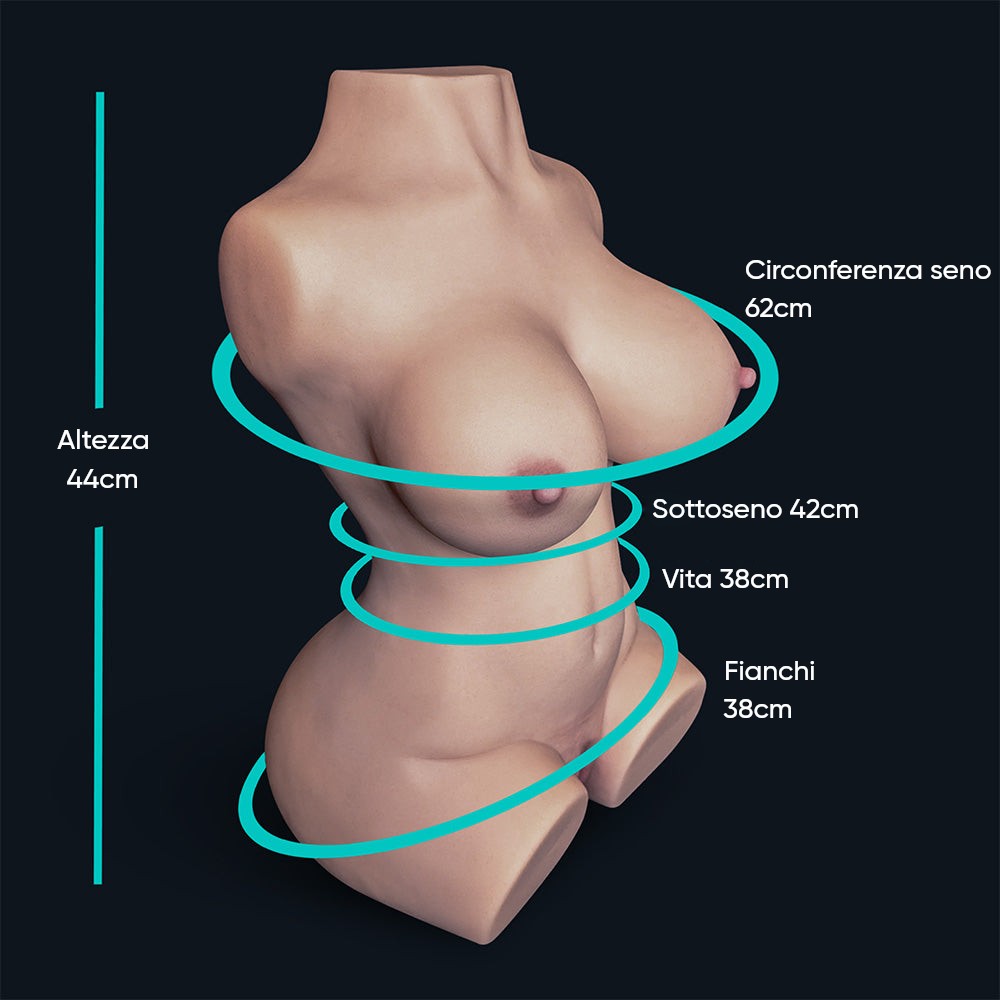Dimensioni della sex doll Sara: lunghezza 44 cm, circonferenza seno 62 cm, sottoseno 42 cm, vita 38 cm, fianchi 38 cm