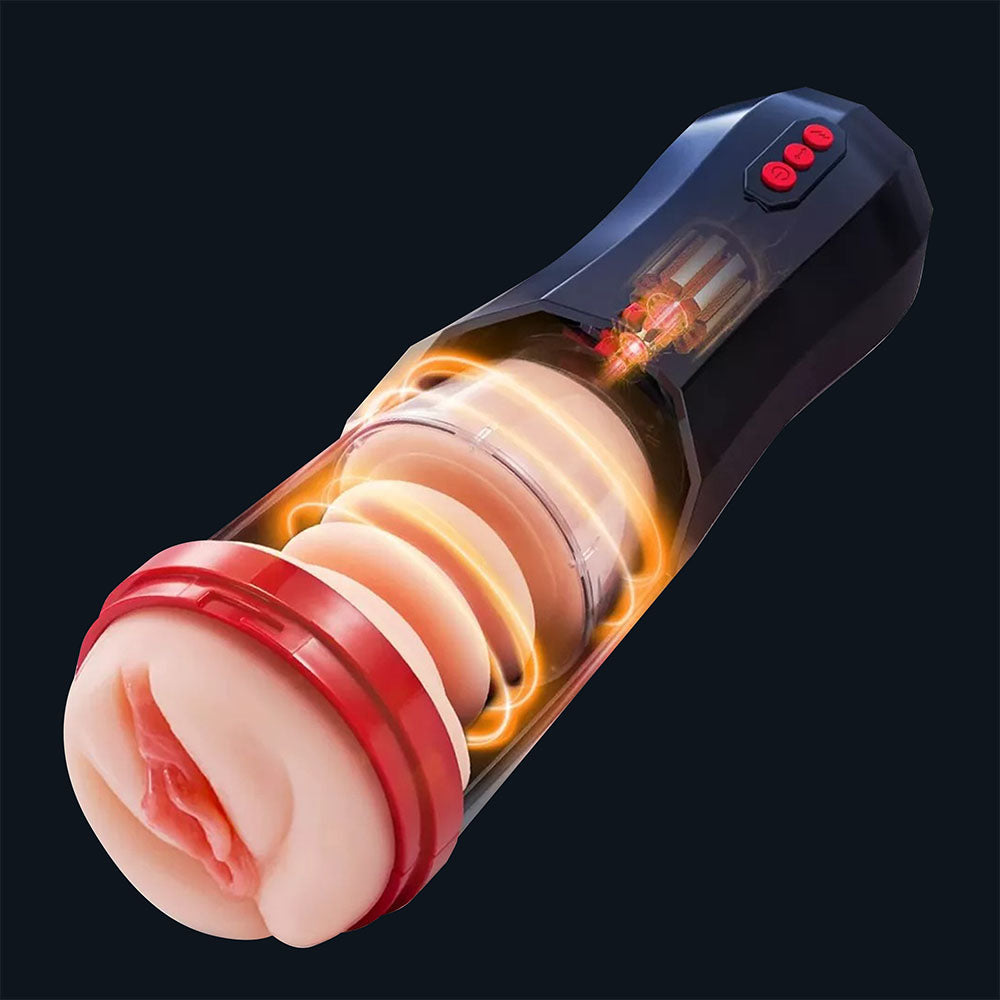 Automatischer Masturbator Mila mit Vaginaöffnung und sichtbarer Saugtechnik im Gehäuse