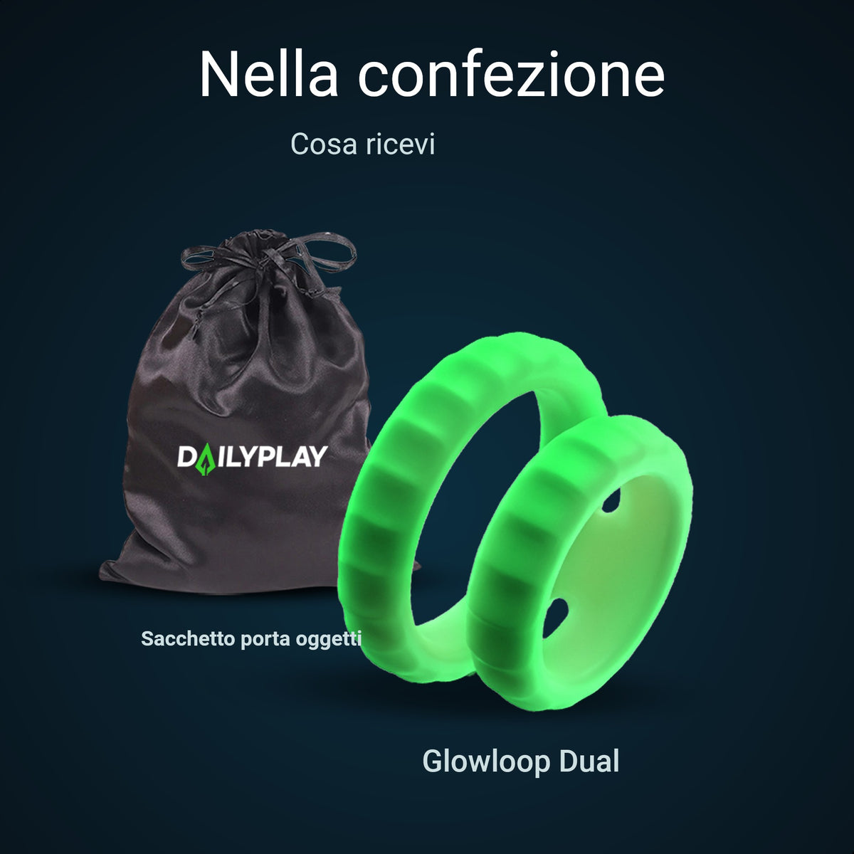 Contenuto della confezione: Glowloop Dual anello fallico e sacchetto porta oggetti