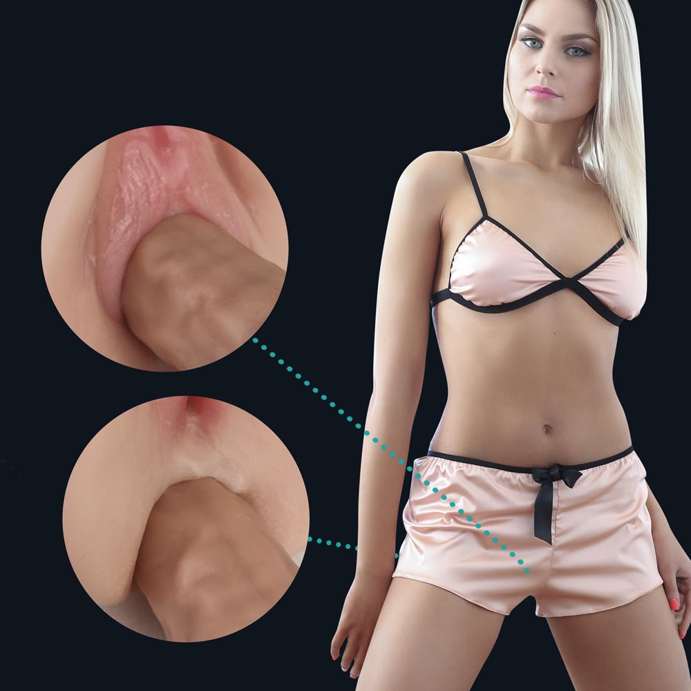 Woman in satin lingerie with two close-ups of Lotte's vaginal and anal openings in use