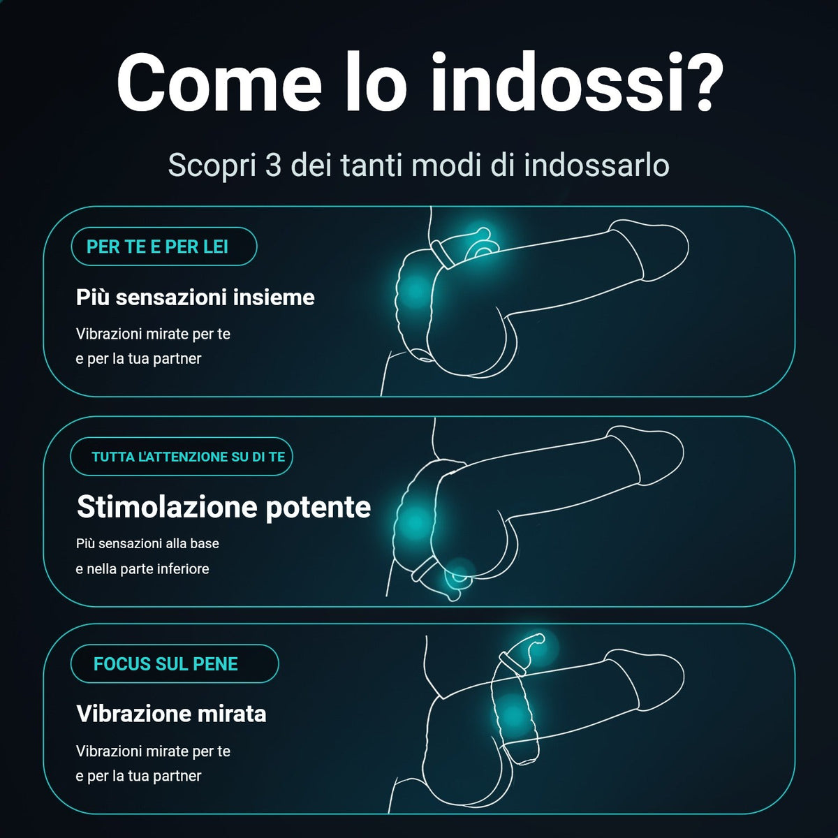 Modi di indossare l'anello fallico Ultrapulse: tre posizioni per vibrazioni mirate