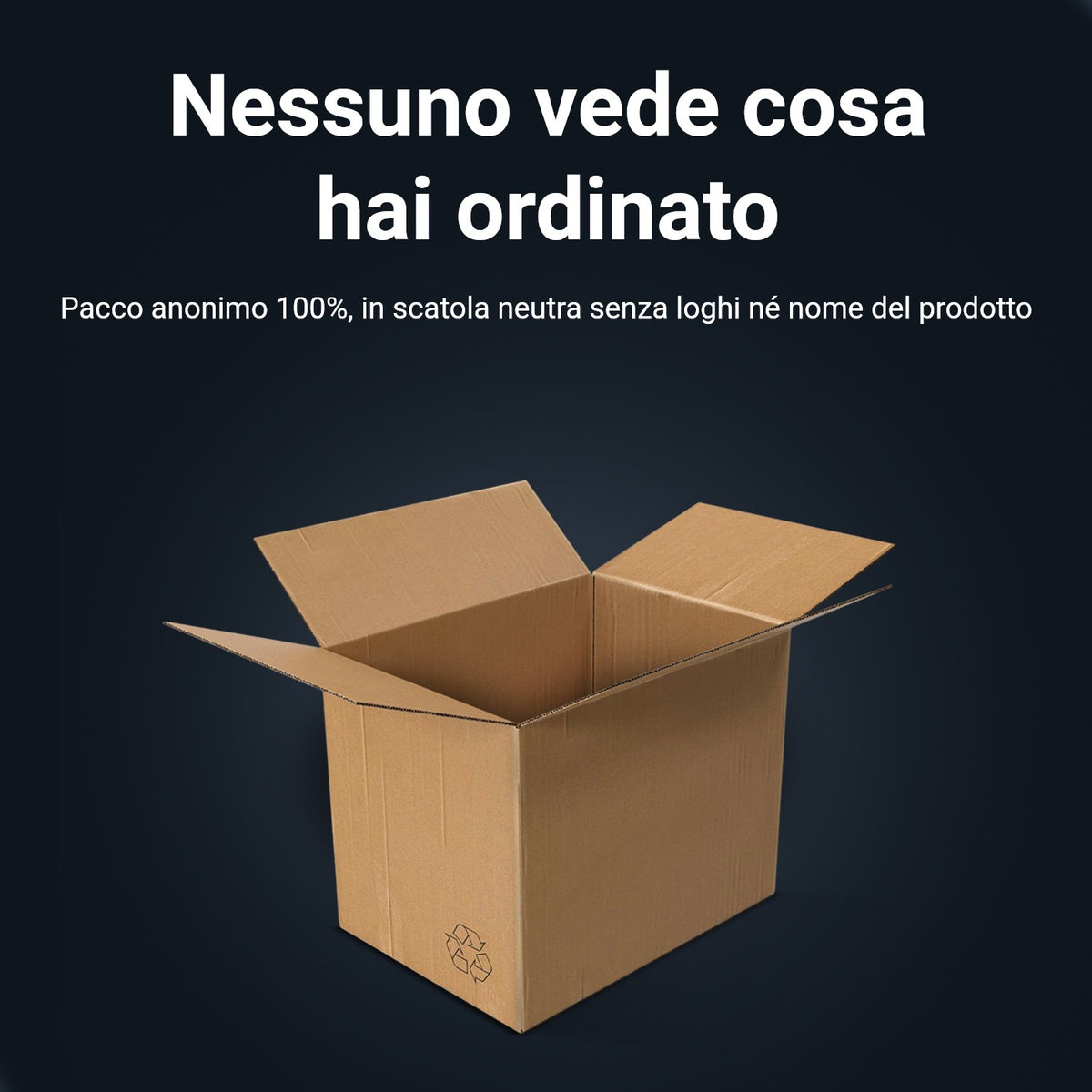 Spedizione anonima: pacco neutro marrone, senza nome del prodotto né del marchio