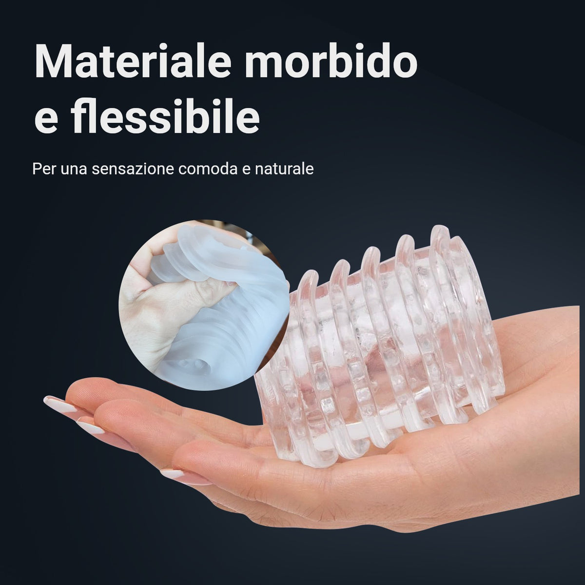 Pocket Shot masturbatore sleeve in materiale morbido e flessibile, appoggiato su una mano