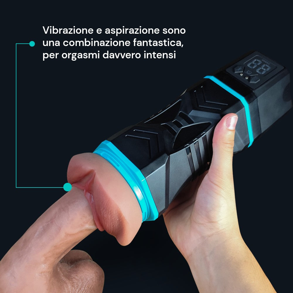 Masturbatore bocca Kate in mano, combinazione di funzioni di vibrazione e aspirazione