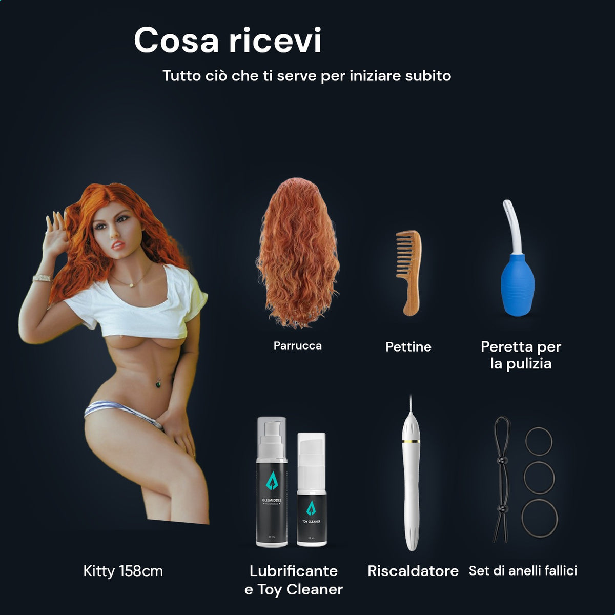 Contenuto della confezione sex doll Kitty 158 cm: bambola, parrucca, pettine, peretta per la pulizia, lubrificante, Toy Cleaner, riscaldatore e set di anelli fallici
