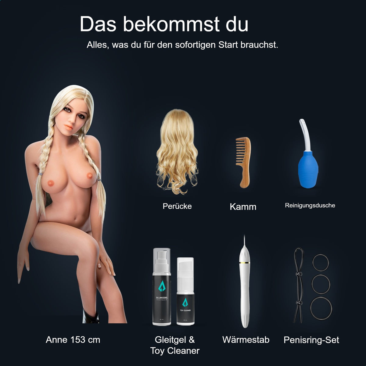 Lieferumfang Sexpuppe Anne 153 cm: Puppe, Perücke, Kamm, Reinigungsdusche, Gleitgel, Toy Cleaner, Wärmestab und Penisring-Set