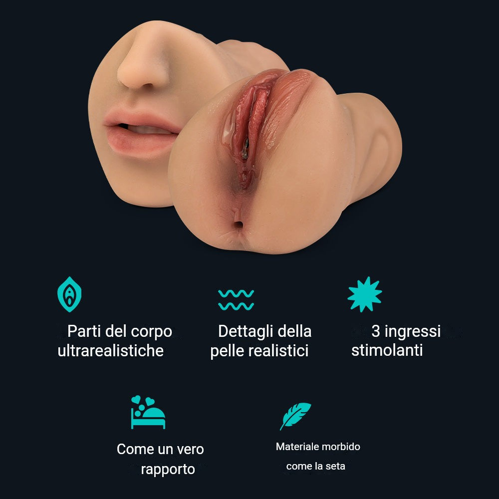 Caratteristiche di Suzan masturbatore: parti del corpo ultra realistiche, dettagli della pelle realistici, 3 ingressi stimolanti, materiale morbido come la seta