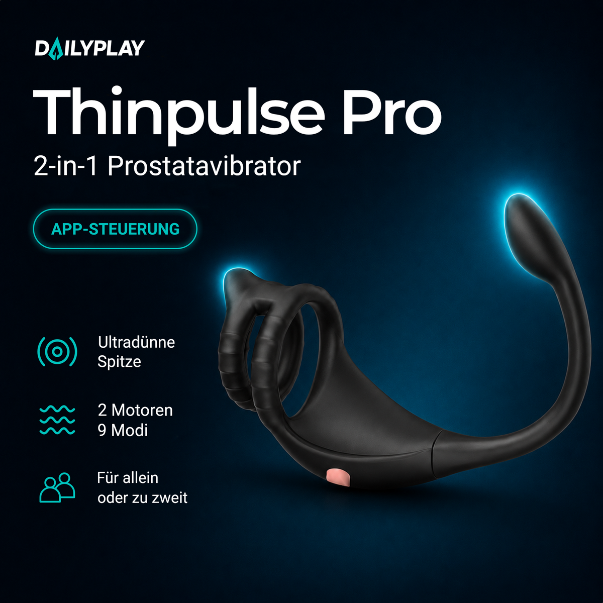 Thinpulse Pro 2-in-1 Prostatastimulator: ultradünne Spitze, 2 Motoren, 9 Modi, App-Steuerung