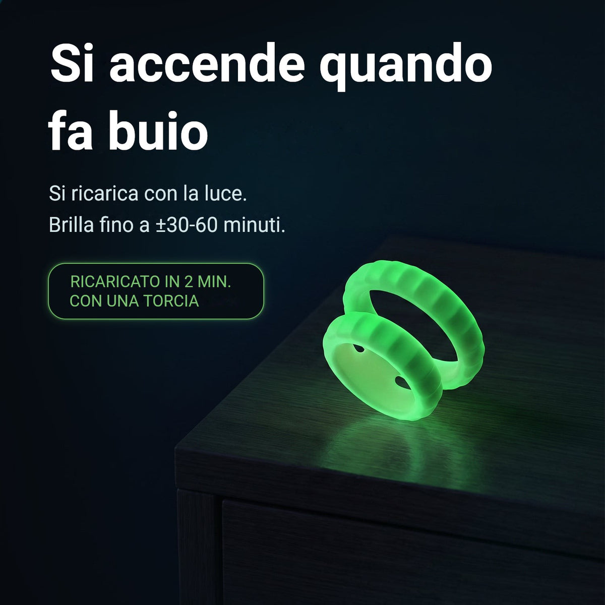 Glowloop Dual anello fallico che si illumina al buio, si ricarica con la luce, glow da 30 a 60 minuti