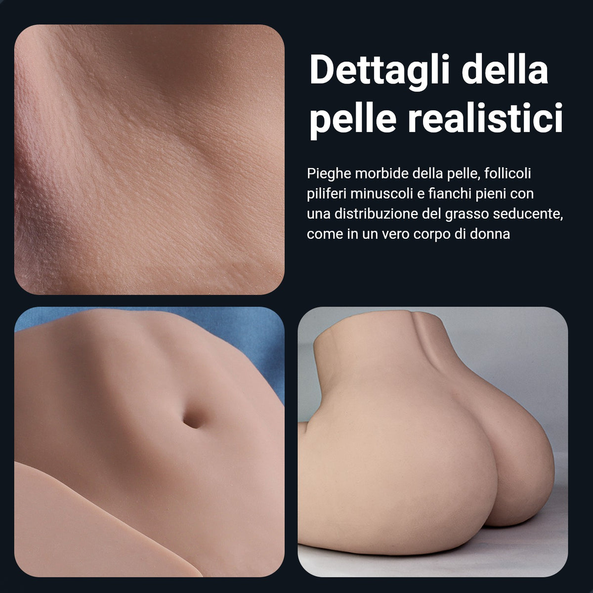 Infografica Loes: dettagli della pelle realistici con pieghe morbide e fianchi pieni