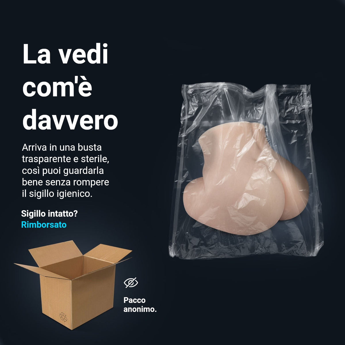 Infografica spedizione Jessica: consegnata in un sacchetto sterile trasparente e in una scatola di spedizione anonima