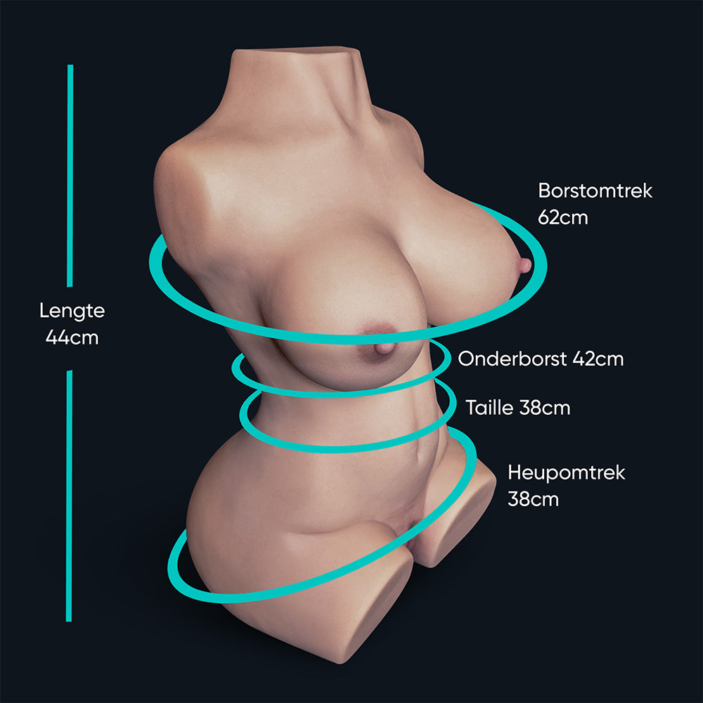 Maße Sexpuppe Sara: Länge 44 cm, Brustumfang 62 cm, Unterbrustumfang 42 cm, Taille 38 cm, Hüftumfang 38 cm