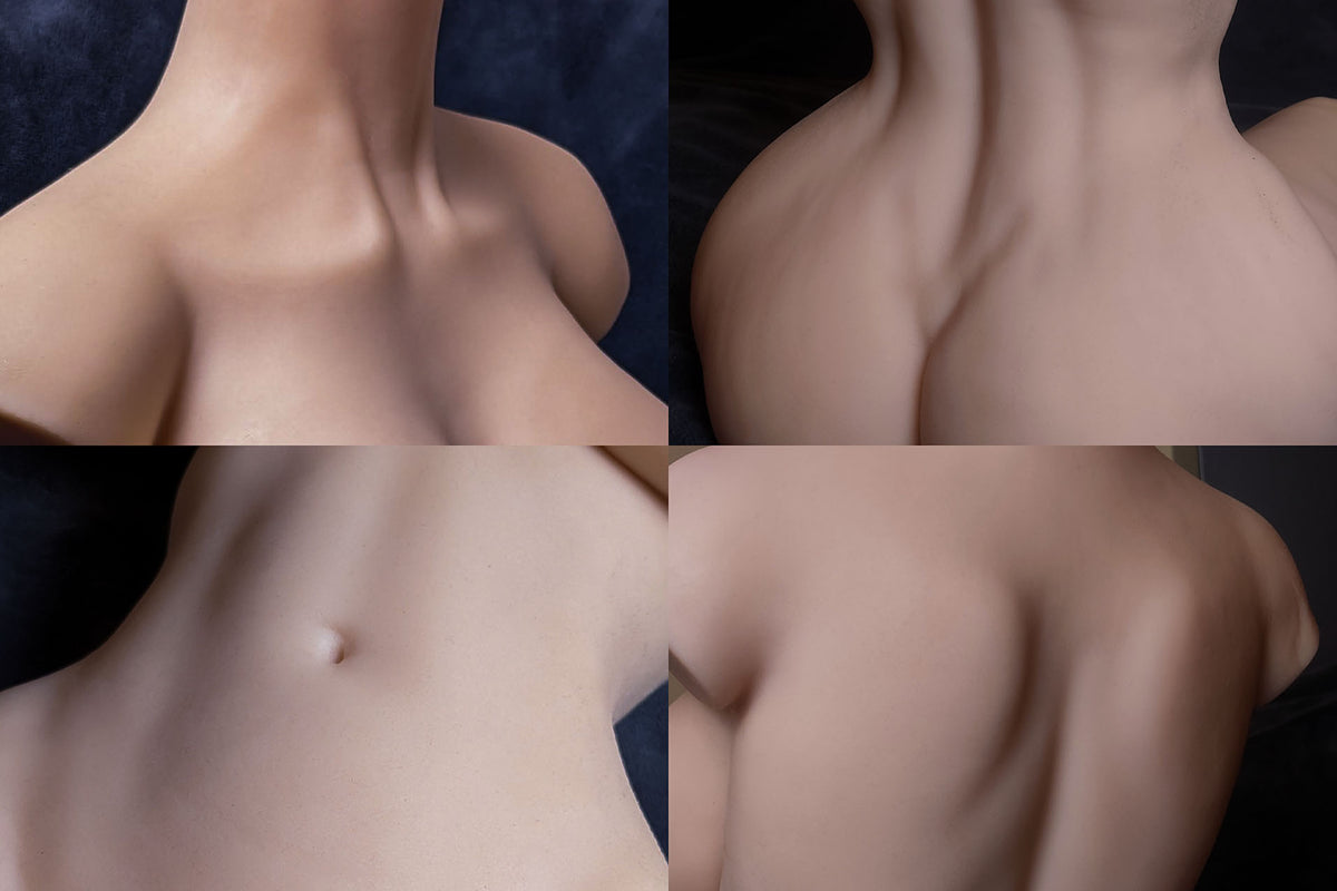 Quattro foto di dettaglio della sex doll Esmee: collo, spalle, pancia e schiena