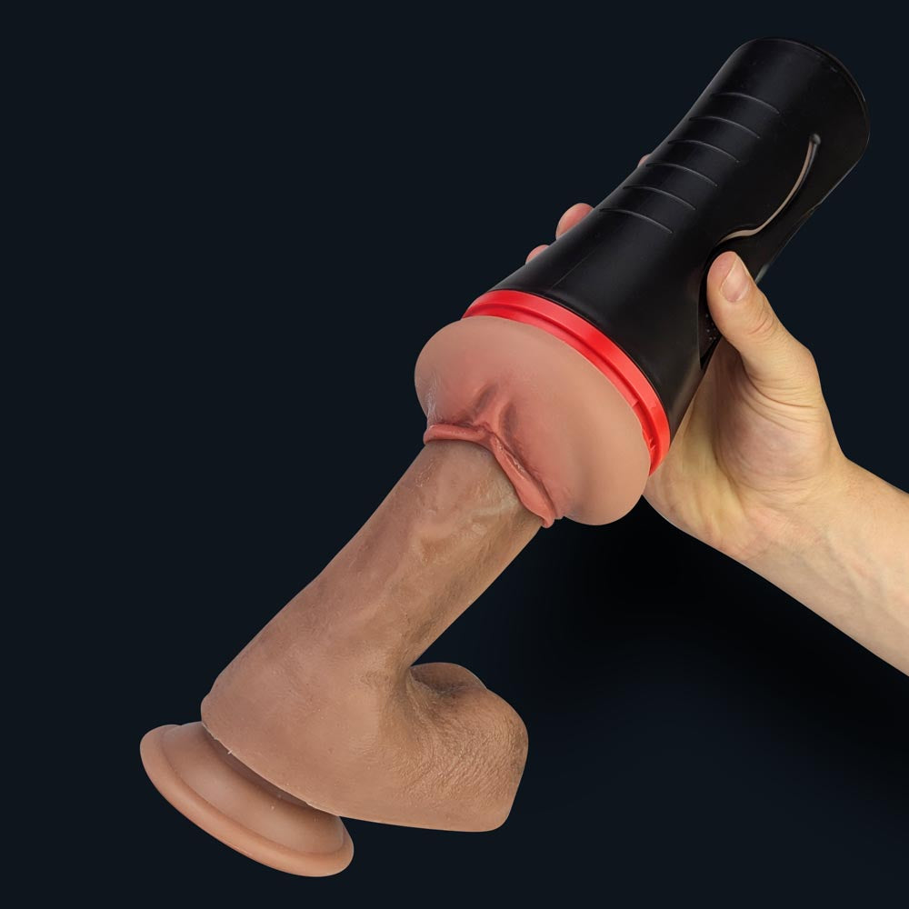 Lindsey pocket pussy in its case slid over a dildo in a hand, usage demonstration