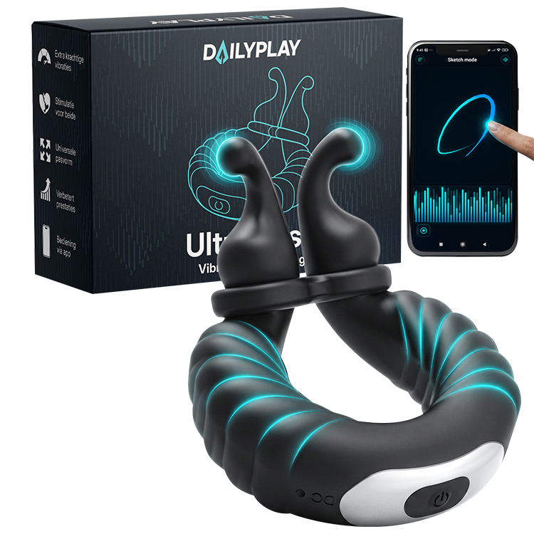 Ultrapulse vibrierender Penisring neben der Dailyplay Verpackung und einem Smartphone mit Steuerungs-App