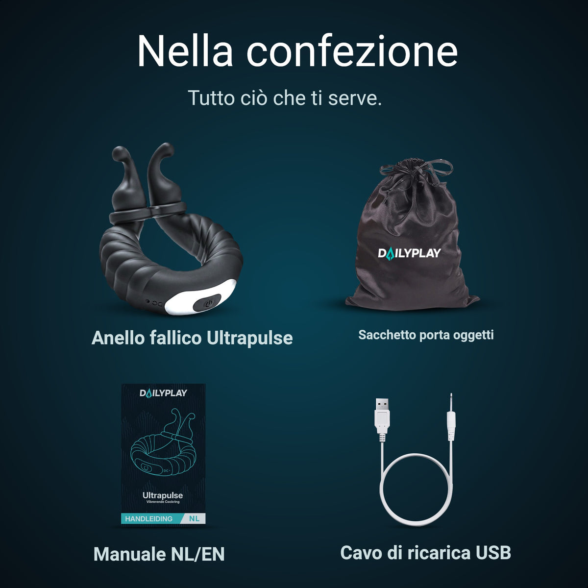 Contenuto della confezione: anello fallico Ultrapulse, sacchetto porta oggetti, manuale e cavo di ricarica USB