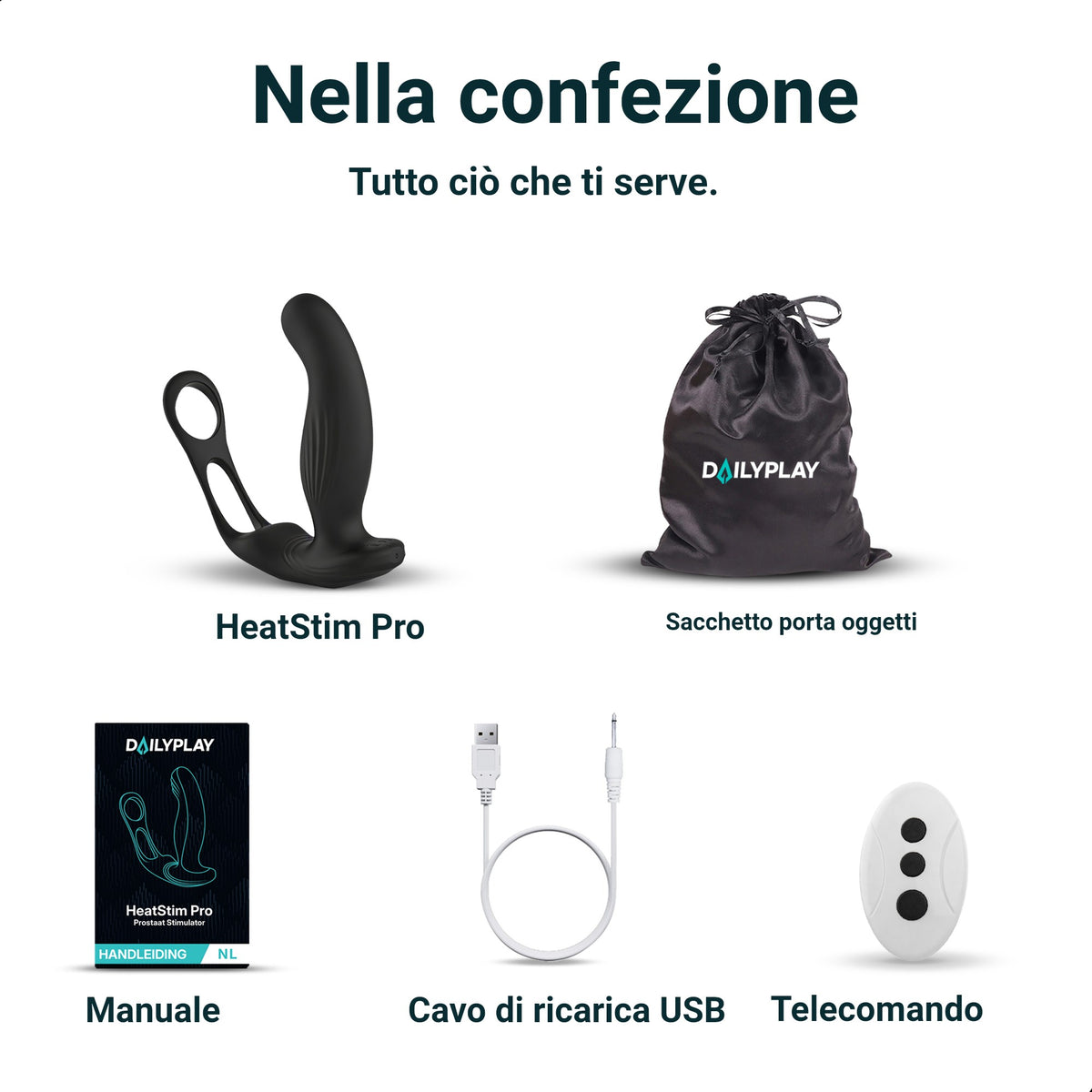 Contenuto della confezione: Heatstim Pro, sacchetto porta oggetti, manuale, cavo di ricarica USB e telecomando