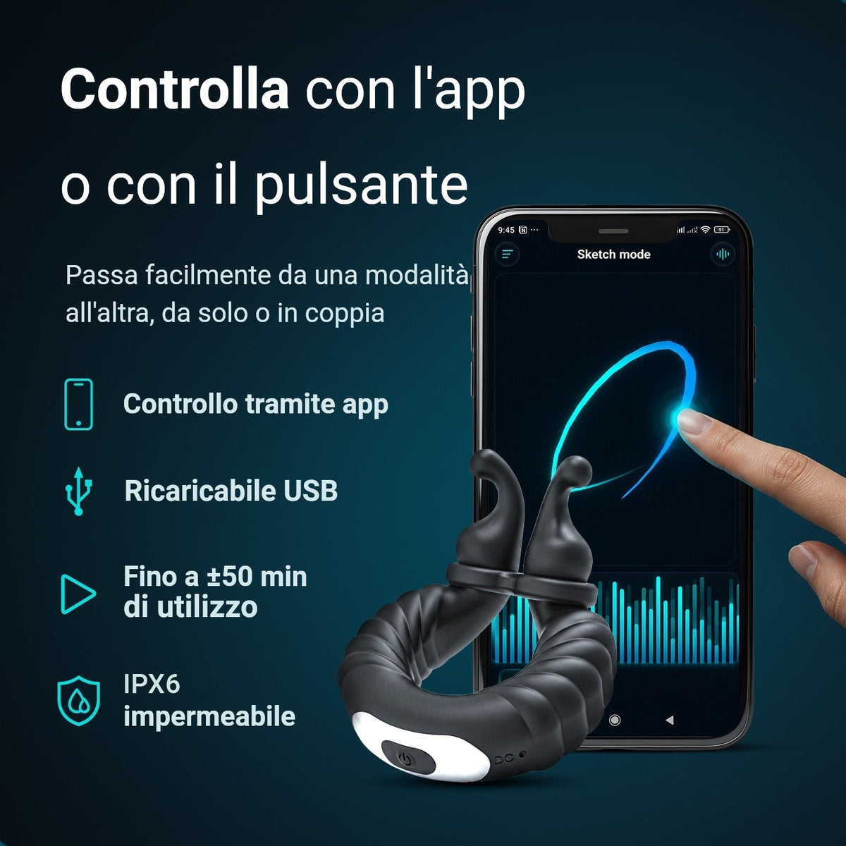 Anello fallico Ultrapulse: controllo tramite app, ricaricabile USB, fino a 50 min di utilizzo, impermeabile IPX6