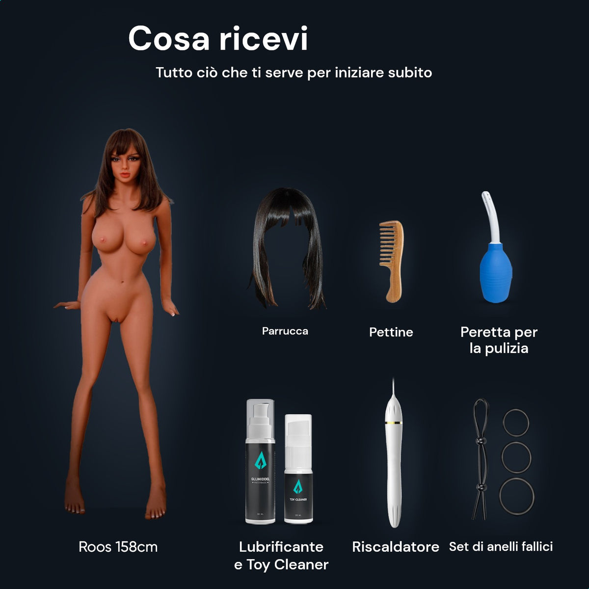 Contenuto della confezione sex doll Roos 158 cm: bambola, parrucca, pettine, peretta per la pulizia, lubrificante, Toy Cleaner, riscaldatore e set di anelli fallici