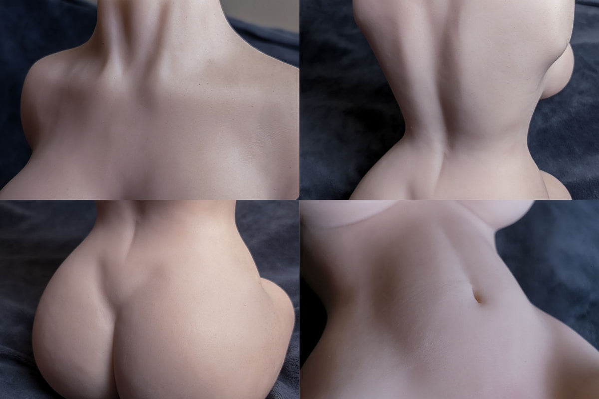 Quattro foto di dettaglio della sex doll Sara: collo, schiena, glutei e pancia